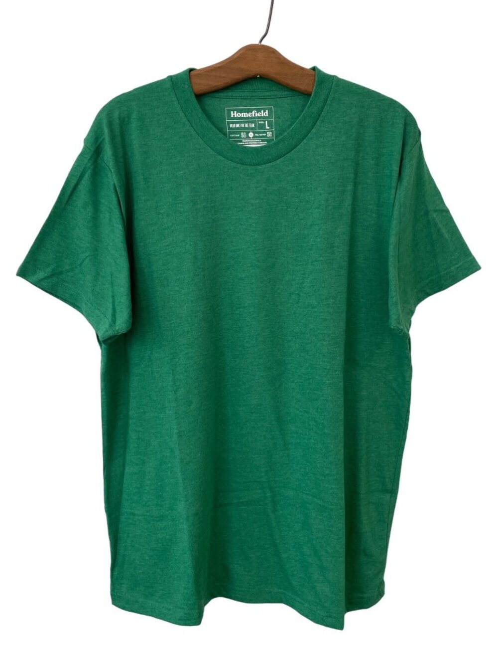 Homefield T Shirt Large Crewneck Short Sleeve Green Cotton Poly Plain Basic Tee